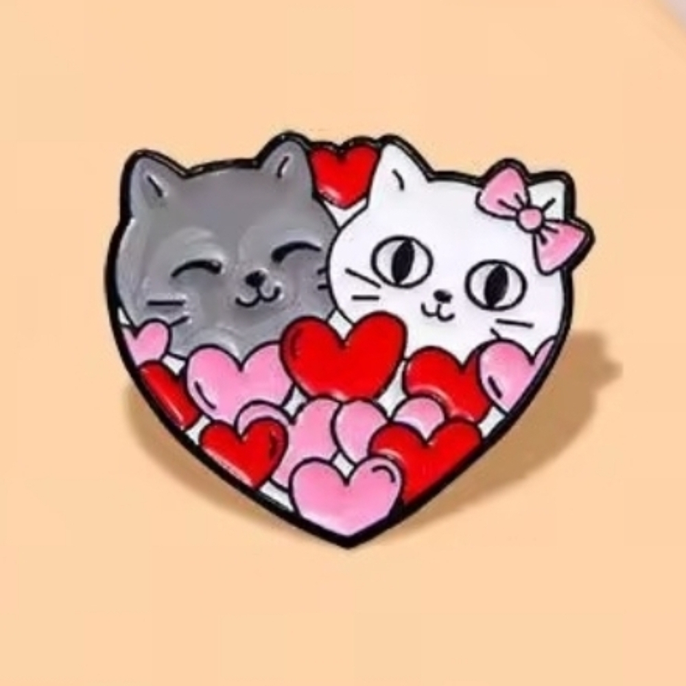 Gray and White Cat Heart Enamel Pin